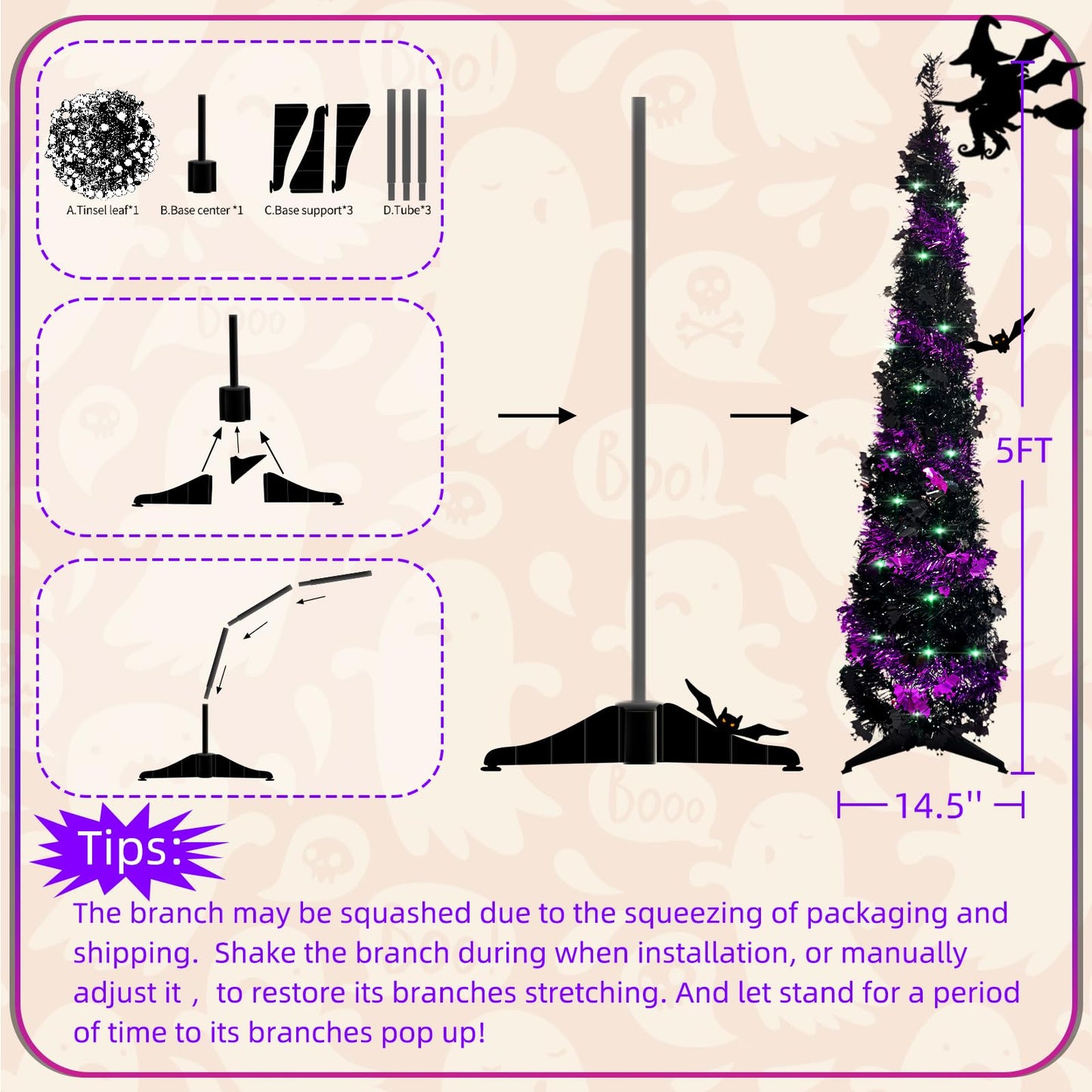 Pop up Christmas Tree for Indoor Decoration,5FT Pre-lit Mini Halloween Tree with 60 Lights,Black Artificial Pencil Tree Collapsible Tinsel Lighted up Christmas Tree