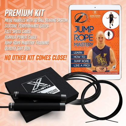 Ballistyx Jump Rope - Premium Speed Jump Rope with 360 Degree Spin, Steel Handles, Silicone Grips and 2 x Adjustable Cables - for Crossfit, Gym & Home Fitness Workouts & More - Black