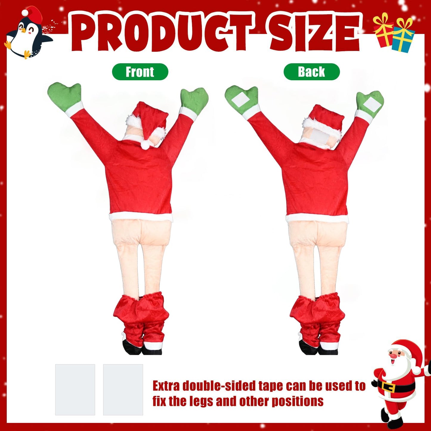 3.61FT Christmas Hanging Santa Claus, Climbing Santa with Pants Off, Funny Christmas Outdoor Decoration for Gutter or Roof/Chimney/Tree/Porch