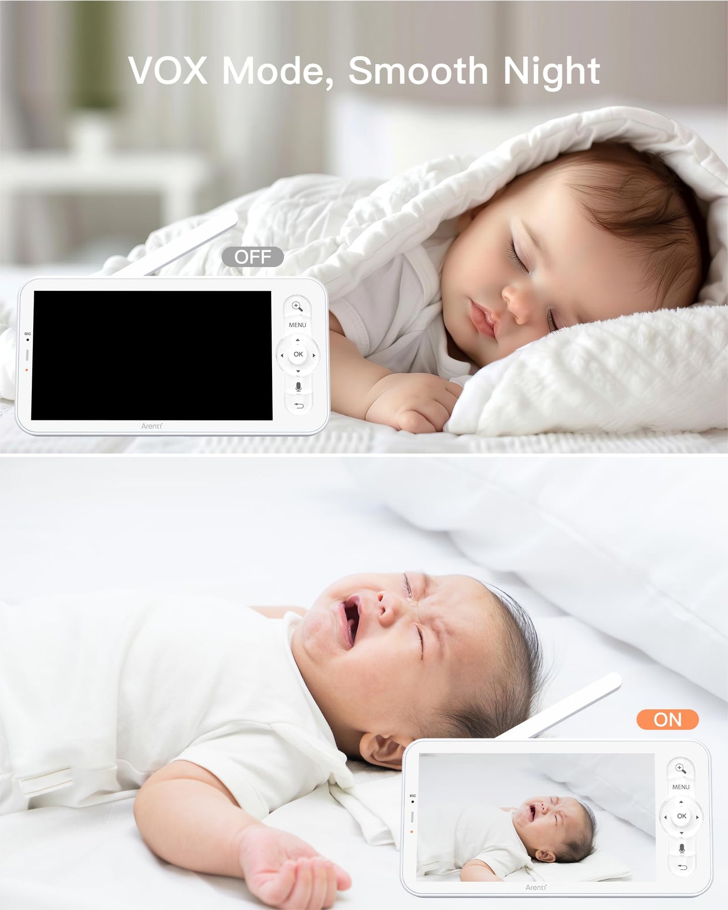 ARENTI 3MP Baby Monitor with 2 Cameras, 5-inch Split Screen Display, WiFi 6 Smartphone App, Night Vision, Cry Detection, Temp & Humidity Sensor, 2-Way Audio (D3 Set)