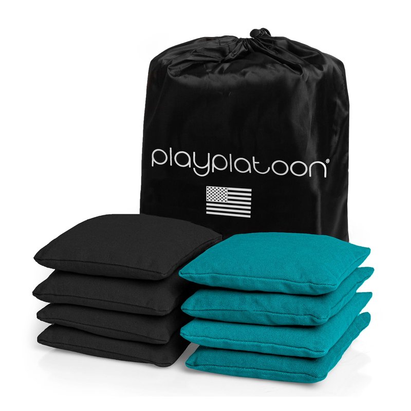 Play Platoon Weather Resistant Cornhole Bags - Set of 8 Regulation Corn Hole - Teal & Black - Durable Duck Cloth Corn Hole for Tossing Game, Includes Tote Bag