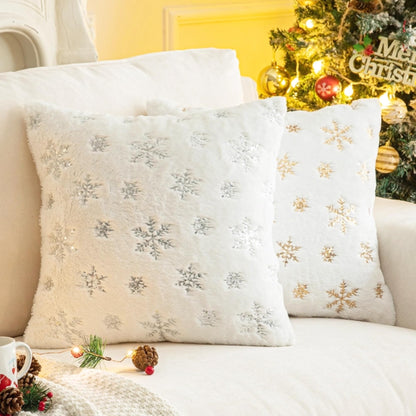 AQOTHES Faux Fur Fuzzy Decorative Throw Pillows Covers, Soft Plush with Snowflake Sequins Glitter Cute Throw Pillows for Christmas Decor Couch Sofa, Silver Ivory White,18 x 18 Inch, Pack of 2