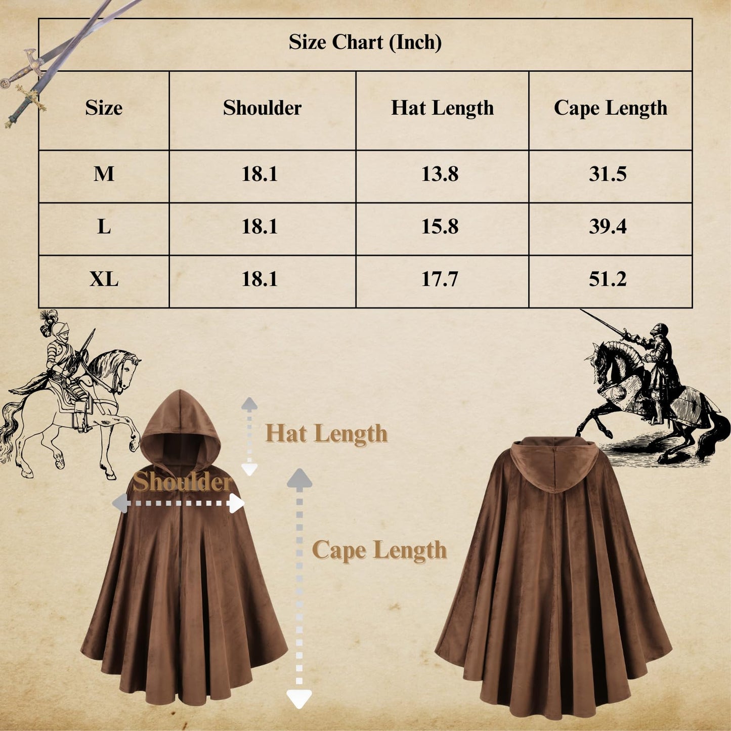 LMYOVE Men Hooded Cloak Adult Medieval Renaissance Costume with Hood Velvet Cape Halloween Dress Up（Round Beck Brown，39.37''）