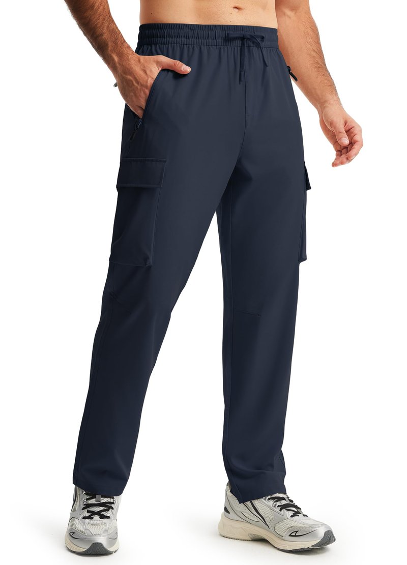 Men's Elastic Waist Hiking Pants Lightweight Quick Dry Cargo Track Pants Water Resistant Travel Outdoor Sweatpants Jogging Athletic Clothes with Zipper Pockets Navy Blue L