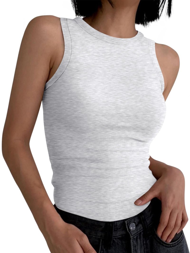 ANRABESS Womens Sleeveless High Neck Tank Tops Fashion Summer Casual Basic Slim Fit Ribbed Racerback Top Shirt Clothes Light Gray-X-Small