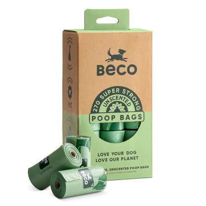 Beco Dog Poop Bags Rolls - Strong & Large - 270 Bags (18 Rolls of 15) Unscented, Dispenser Compatible for Dog Waste