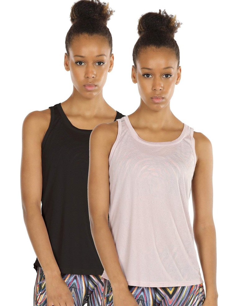 icyzone Yoga Tops Activewear Workout Clothes Open Back Fitness Racerback Tank Tops for Women(XL,Black/Pale Blush)