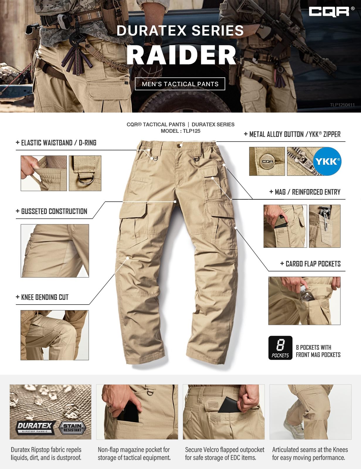 CQR Men's Tactical Pants, Water Resistant Ripstop Cargo Pants, Lightweight EDC Work Hiking Pants, Outdoor Apparel, Duratex Mag Pocket Khaki, 32W x 32L