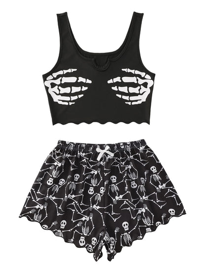 WDIRARA Women's Plus Size Sleepwear Cute Cartoon Print Scalloped Tank Top and Shorts Pajama Set Black and White 1XL