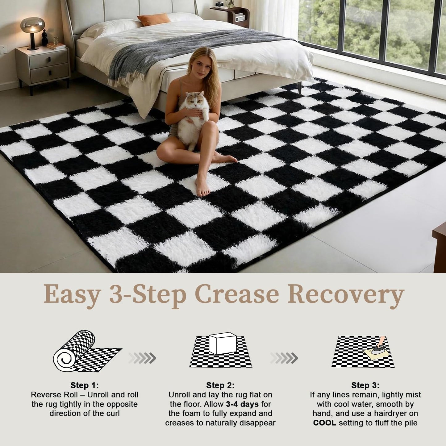 ThreadGlobe Checkered Shag Area Rug 4'x6', Black and White Plush Rug for Living Room, Non-Slip Soft Carpet for Bedroom Nursery, Modern Floor Decor with Grid Pattern, 4x6