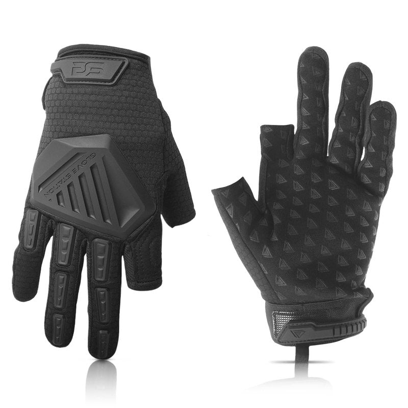 Glove Station The Paintball Work Gloves - Black (Large), Suede Leather Palm, Knuckle Protection for Men, 2 Fingerless Design for Paintball, Riding and Motorcycle Use