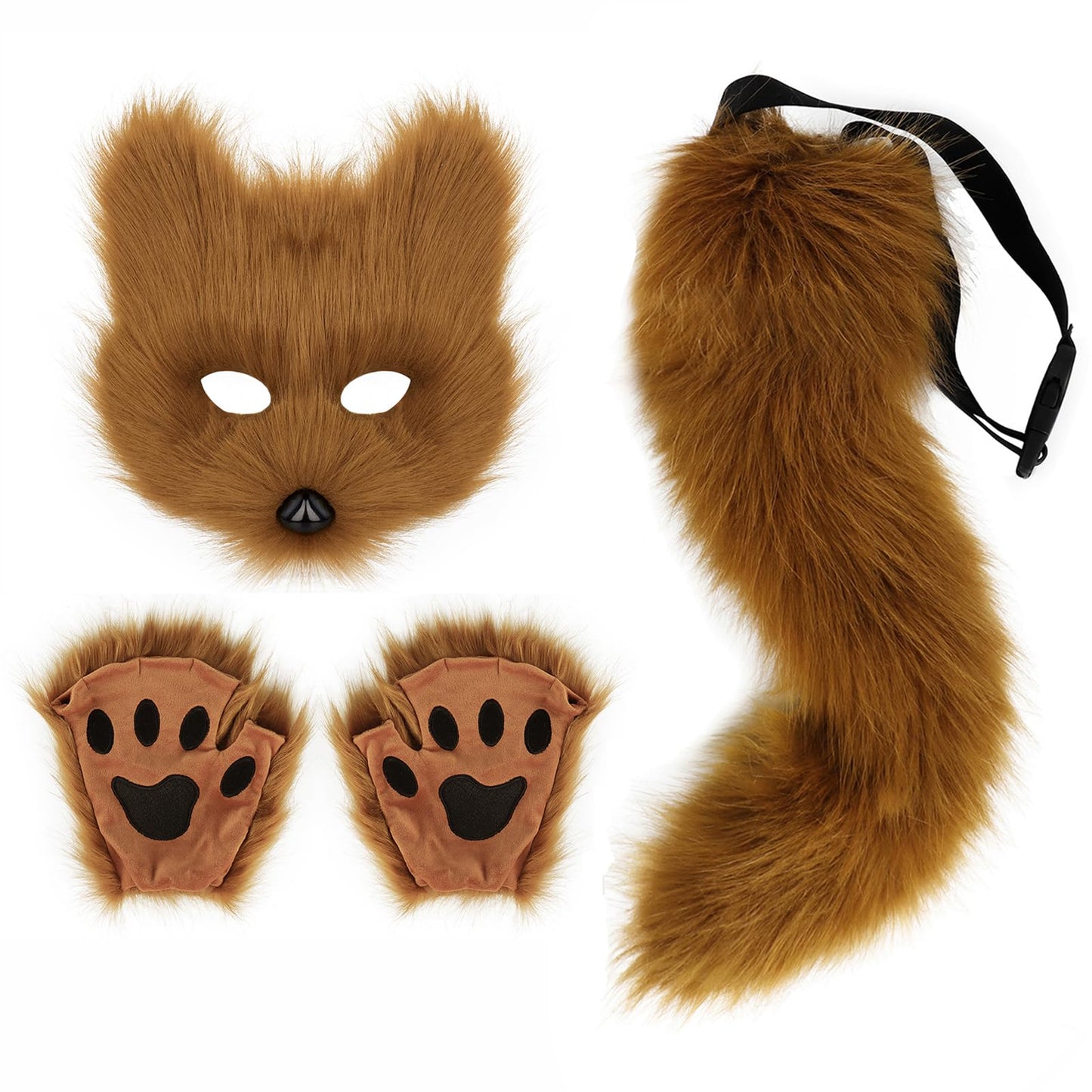 Adolala Faux Fur Fox Tail Cat Wolf Set Plush Mask Fluffy Paw Gloves Halloween Christmas Party for Women