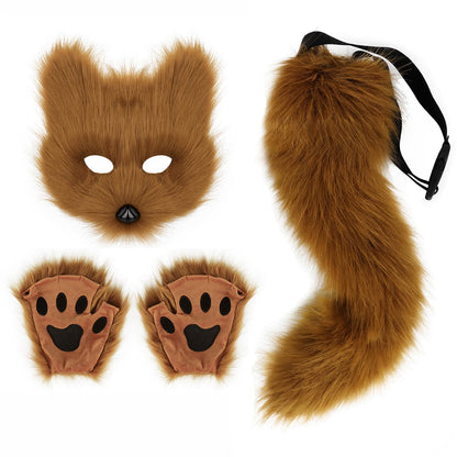 Adolala Faux Fur Fox Tail Cat Wolf Set Plush Mask Fluffy Paw Gloves Halloween Christmas Party for Women