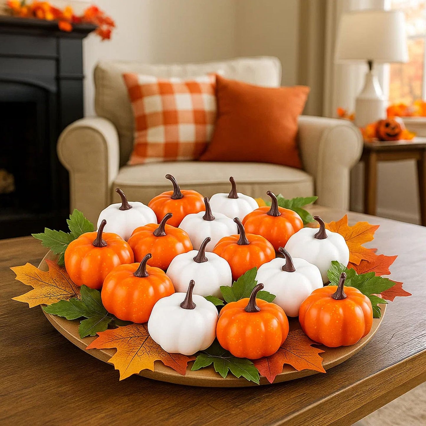 DomeStar 42 PCS Artificial Pumpkins Decorations, 12PCS Fake Pumpkins with 30Packs Maple Leaves and 1Packs String Lights for Fall Harvest Crafts Halloween Thanksgiving Decor