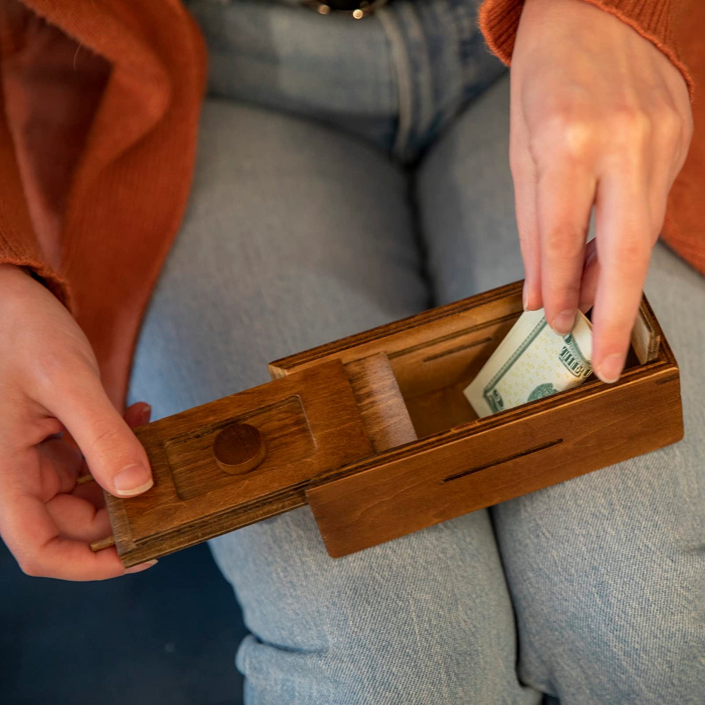 Bits and Pieces - Stash Your Cash Secret Puzzle Box Brainteaser - Wooden Secret Compartment Brain Game for Adults