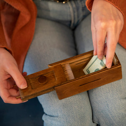 Bits and Pieces - Stash Your Cash Secret Puzzle Box Brainteaser - Wooden Secret Compartment Brain Game for Adults