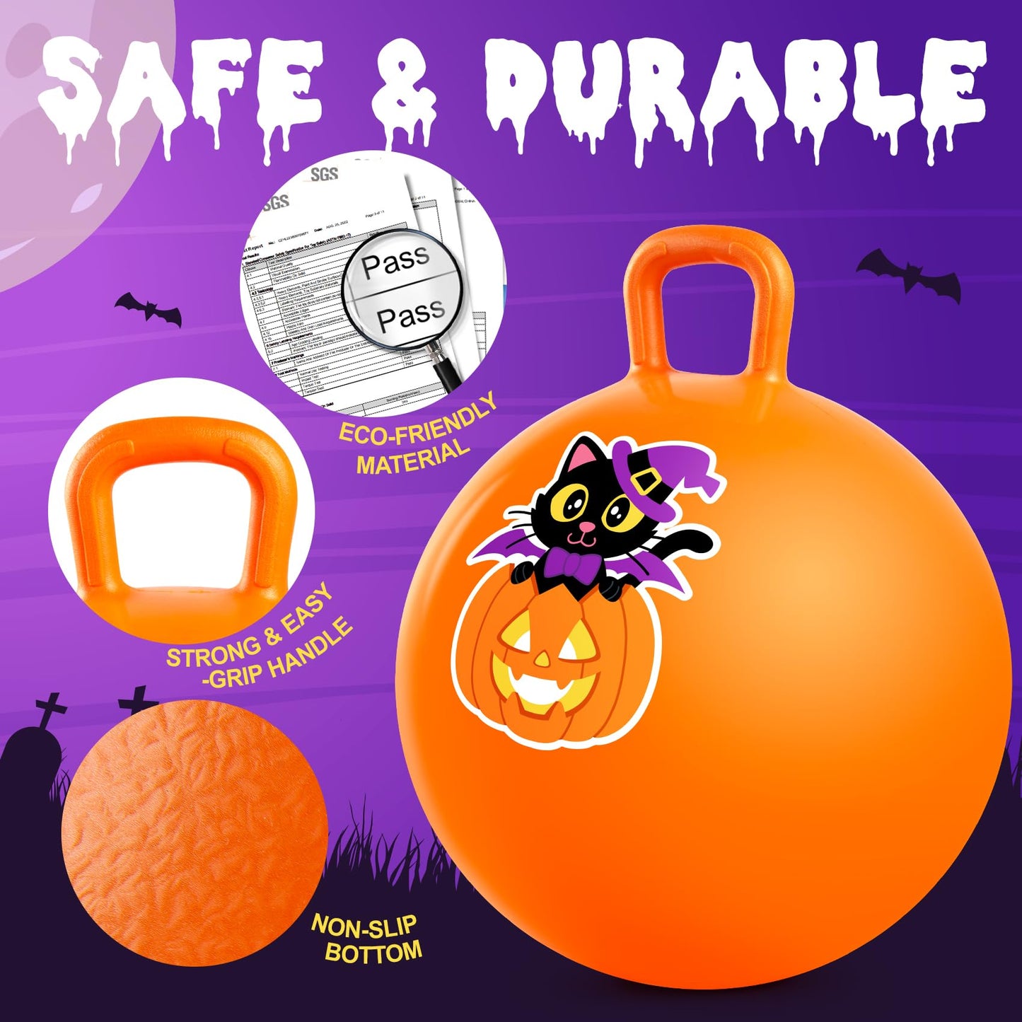 PlayZap Hopper Balls for Kids 3-8, Halloween Orange 18 Inches Bouncy Ball with Handle, Pumpkin Inflatable Bouncing Jumping Toys, Hippity Hop Toys Girls Boys Gifts