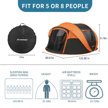 EchoSmile Camping Instant Pop Up Dome Tent, 4/6/8 Person, Water Resistant, Easy Setup for Camping Hiking and Outdoor, Portable with Carry Bag, 3 Season (Black&Orange (5-8 Person))