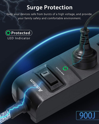 2 Pack Power Strip Surge Protector - 5 Widely Spaced Outlets 3 USB Charging Ports, 1875W/15A 6Ft Braided Extension Cord, Flat Plug Overload Protection, Wall Mount for Home Office Dorm Room Essentials