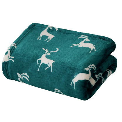 FY FIBER HOUSE Christmas Home Decor Flannel Fleece Throw Blanket for Couch Sofa with Reindeer Print，50"X60", Green