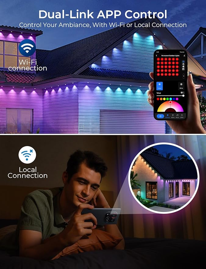 CINOTON Permanent Outdoor Lights Pro 200ft, Smart RGBCW Eaves Lights with 120 LEDs, IP67 Waterproof, 111 Scene Modes for Daily and Festival, Halloween Christmas Holiday Decor, APP/Voice/Remote Control