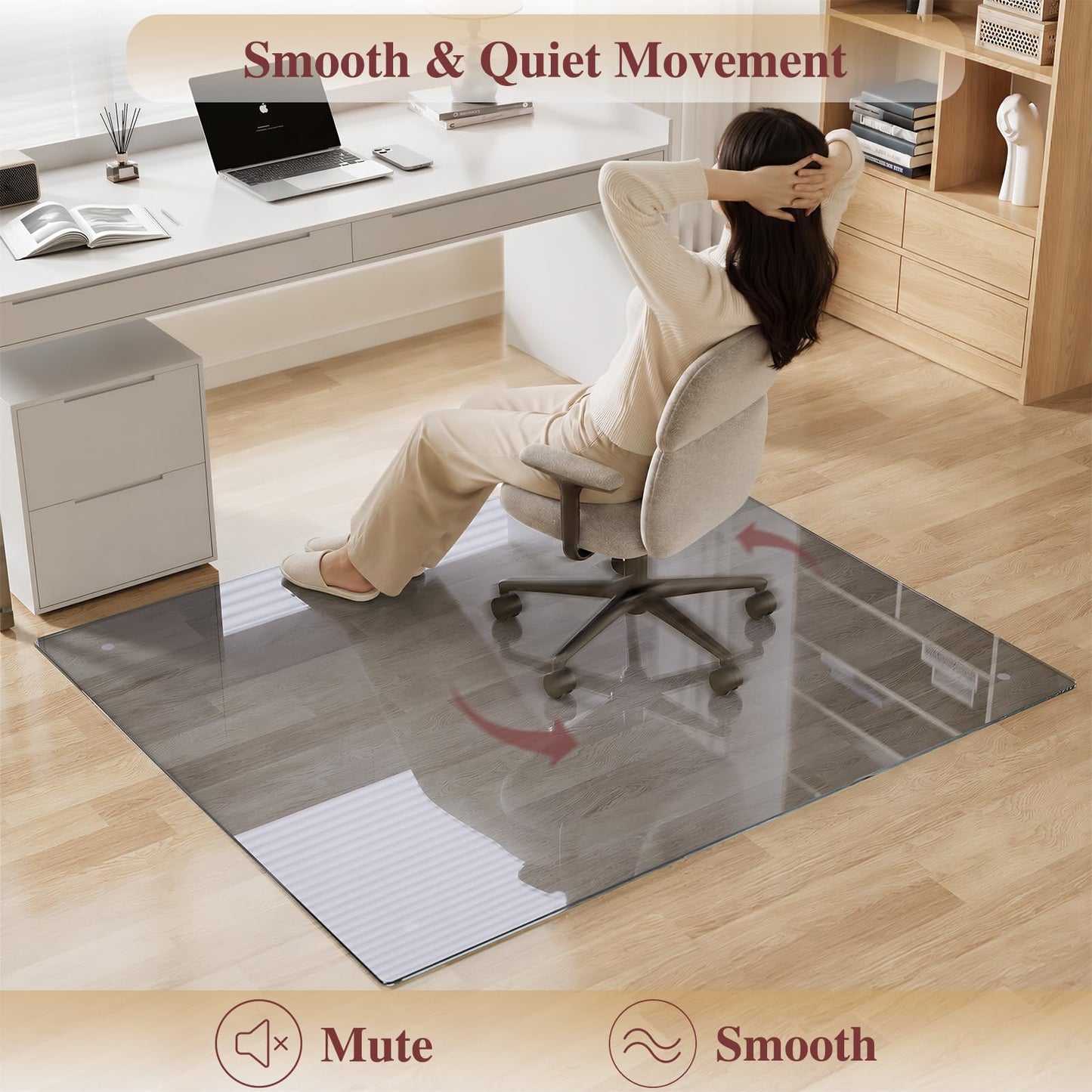 MYSUNORIA Tempered Glass Office Chair Mat, 46"x55" for Carpet & Hardwood Floors, Grey Heavy Duty 0.2" Thick Computer Chair Mat with Non-Slip Pads, Scratch Resistant, Rounded Corners & Polished Edges