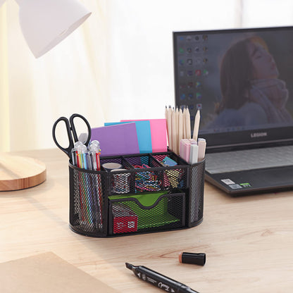 EOOUT Desk Organizer, Pencil Holder for Desk, Mesh Office Desk Accessories with 8 Compartments and 1 Drawer Stationery Holder School Supplies