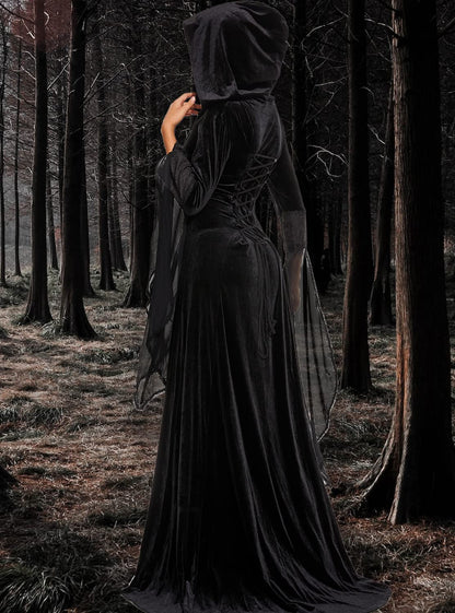 BITSEACOCO Deluxe Witch Dress Costume for Women, Vintage Embroidered Renaissance Victorian Gothic Hooded Vampire Gown Dress Cosplay (Black, L)