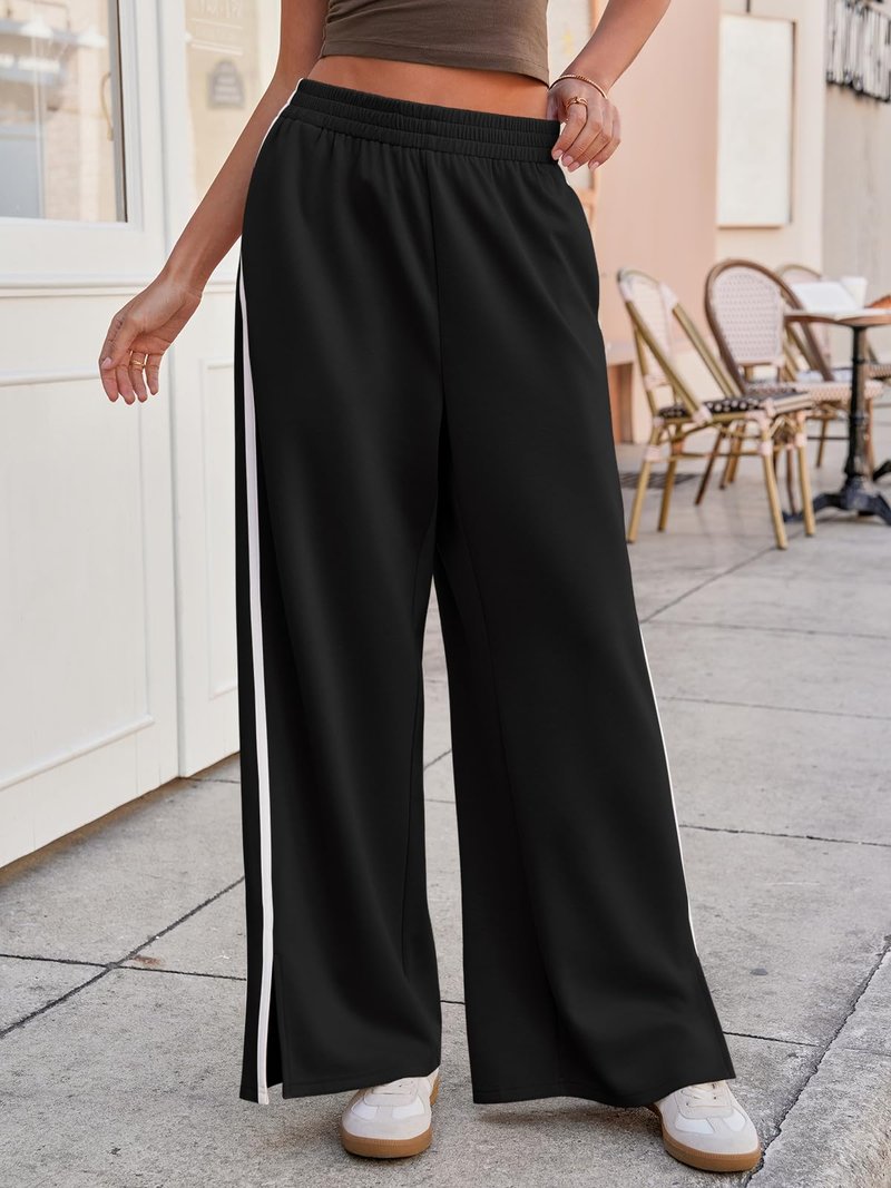 Fisoew Womens Wide Leg Pants Casual Baggy Elastic Waist Side Slit Contrast Stitch Loose Workout Sweat Pants with Pockets Black