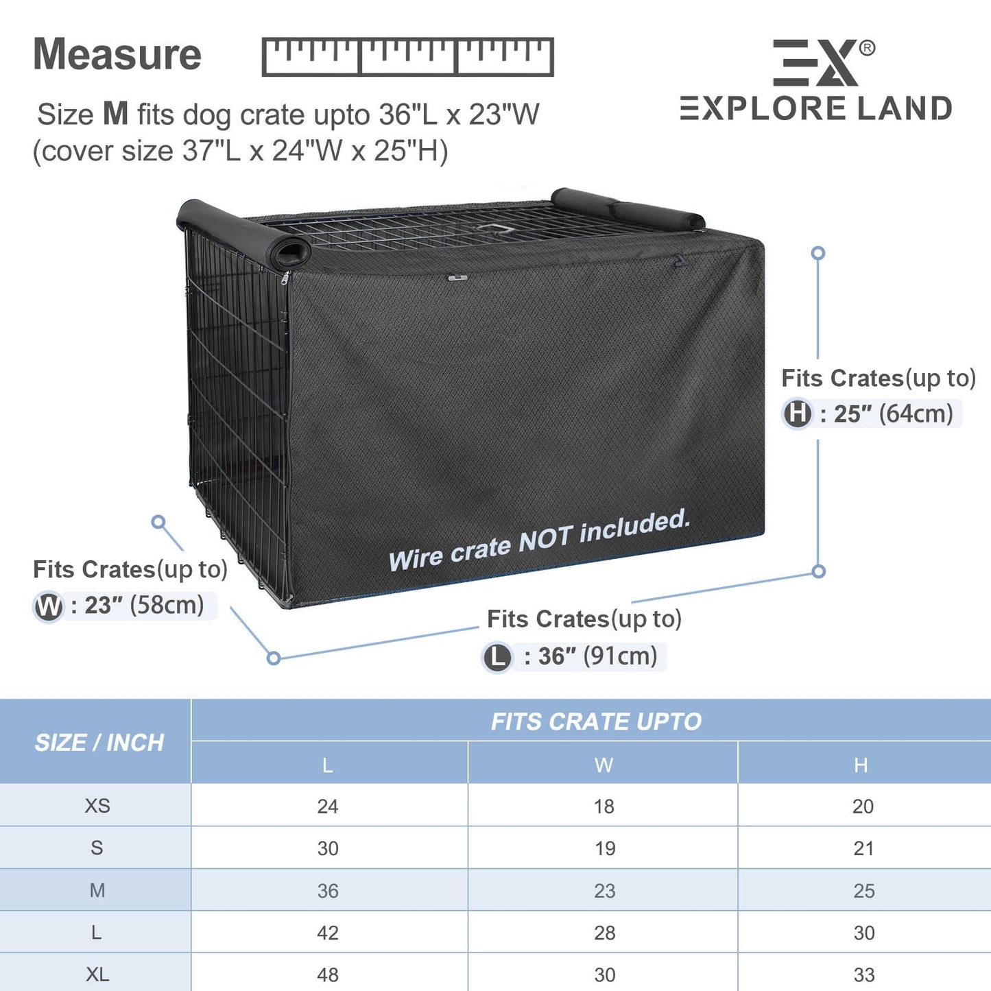 Explore Land Dog Crate Cover for 36 Inches Wire Cage, Heavy-Duty Lattice Pet Kennel Covers Compatible with 1 2 3 Doors Standard Metal Crate (Black)