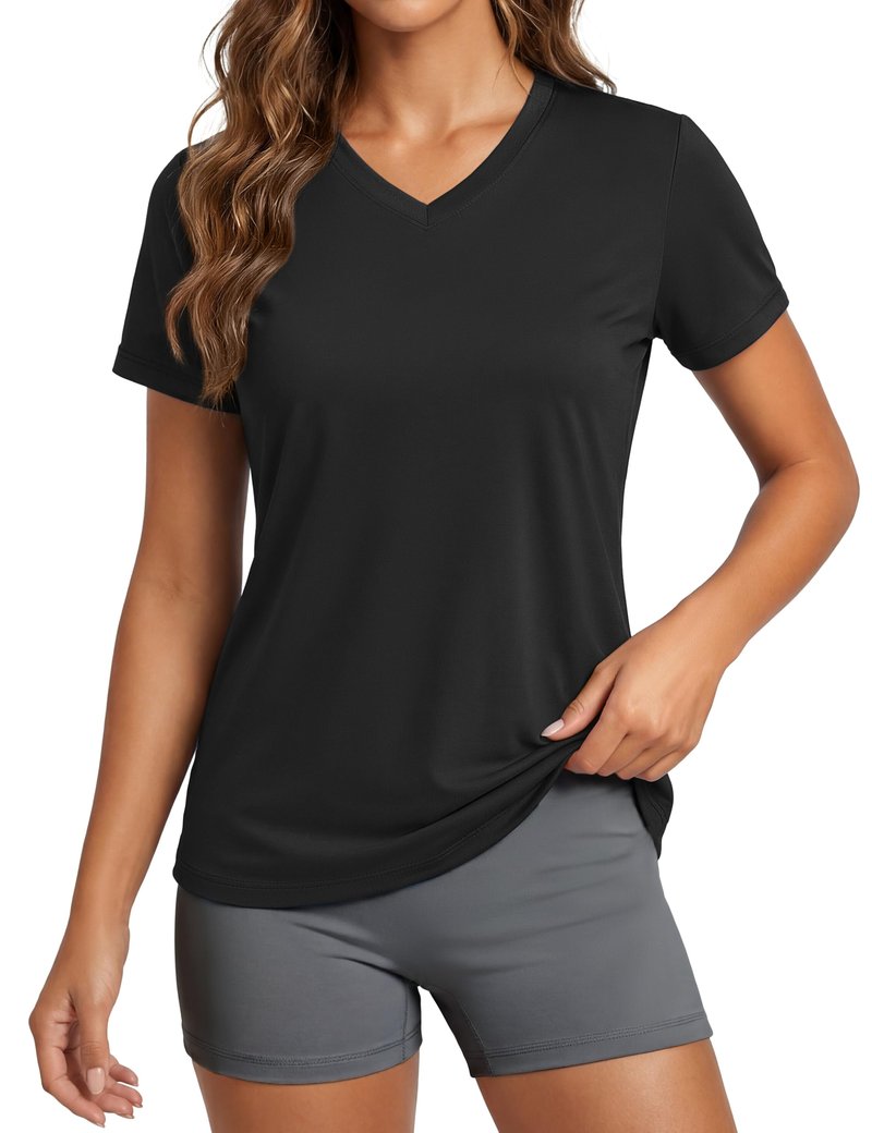 MAGCOMSEN Shirts for Women V Neck Workout Tops Running Dry Fit Sun Protection Shirt UPF 50 Cooling Exercise Top Black L