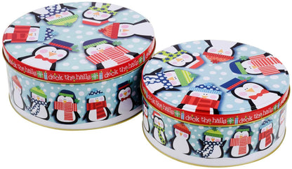 Round Nesting Tins With Holiday Print Designs Bundle of 2 Round Metal Tins with Lids for Cookies, Candy, Food Presents - 1- 6 and 3/4 Inches and 1- 6 inches Diameter