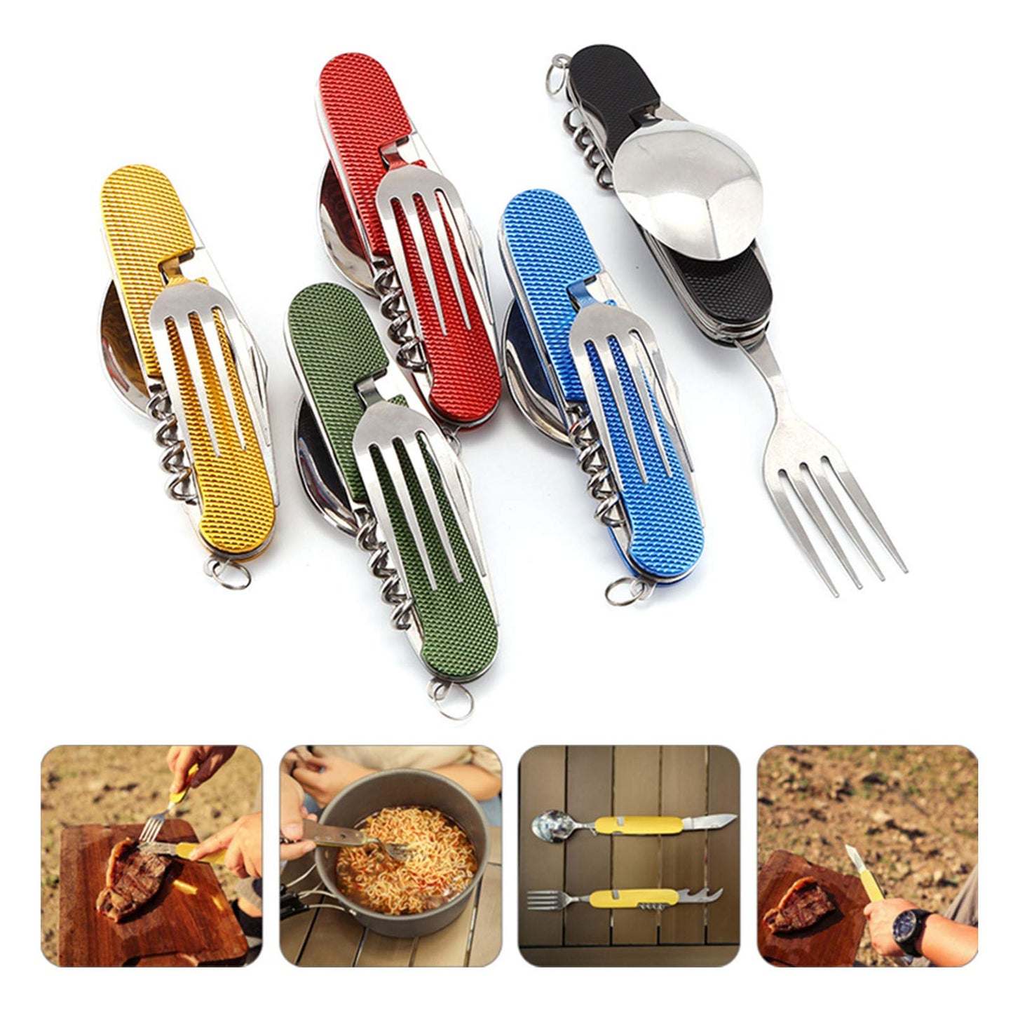 6-in-1 Multi-Function Camping Utensil Flatware Set Detachable Spoon Fork Knife Combo Mess Kit with Carrying Pouch (Black + Gold + Green)