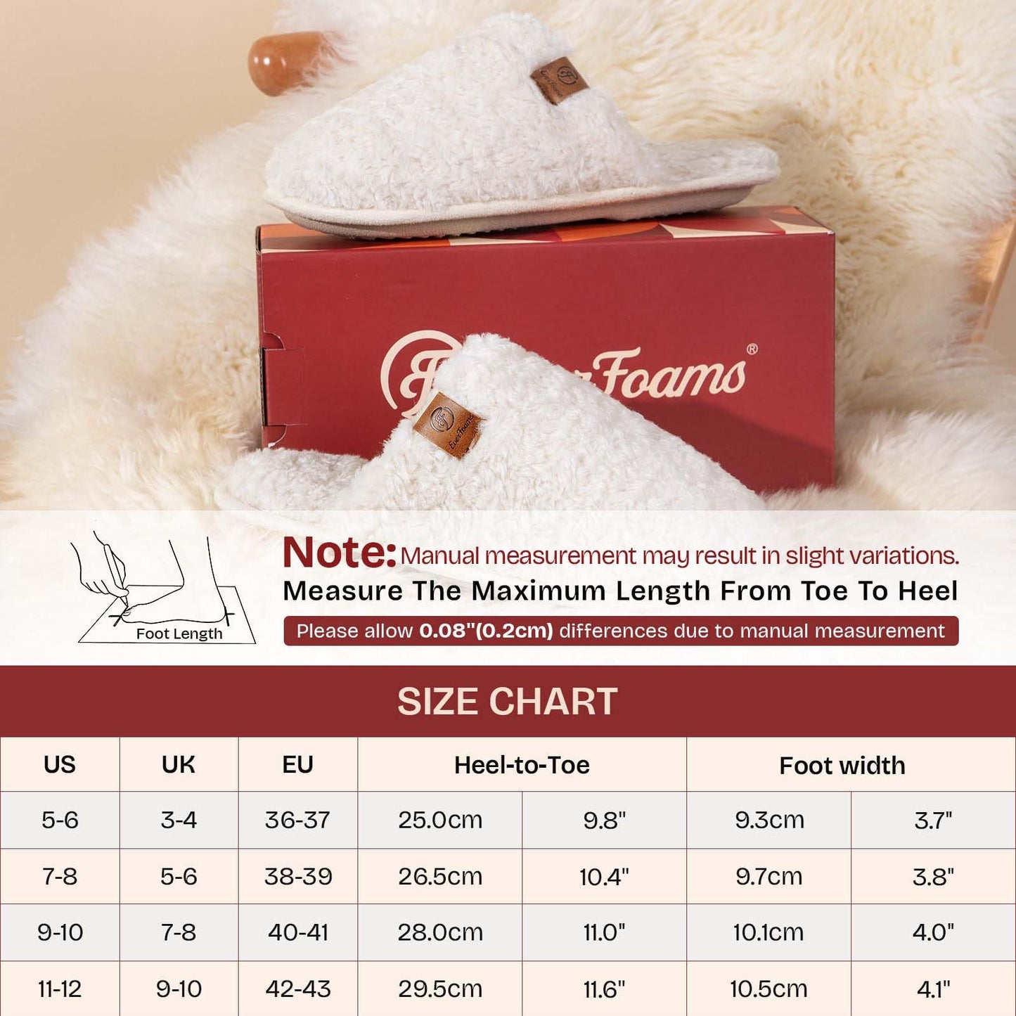 EverFoams Women's Slippers Cosy Fuzzy Faux Alpine Shearling House Shoes Ladies' Memory Foam Slip-ons with Lightweight Non-slip Sole Cream White, 5-6 UK