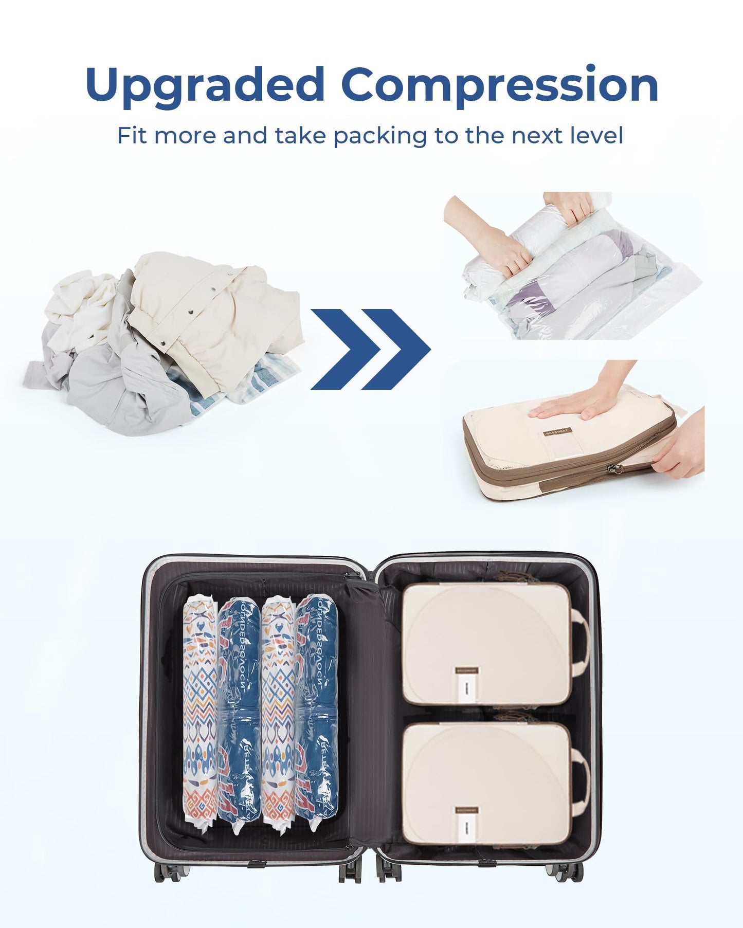 BAGSMART 8 Pcs Compression Packing Bags Set with 4 Pack Vacuum Bags Storage for Cruise Travel Essentials, Hand-rolled Space Saver Vacuum Storage Bags, Baby Pink