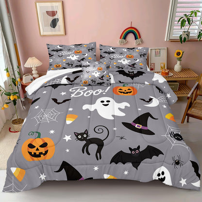 Merryword Halloween Bedding Comforter Set King Size Pumpkin Comforter Cute Pumpkin Ghost Pattern Cartoon Halloween Bedding Sets with 1 Cushion Cover (King, Cartoon)