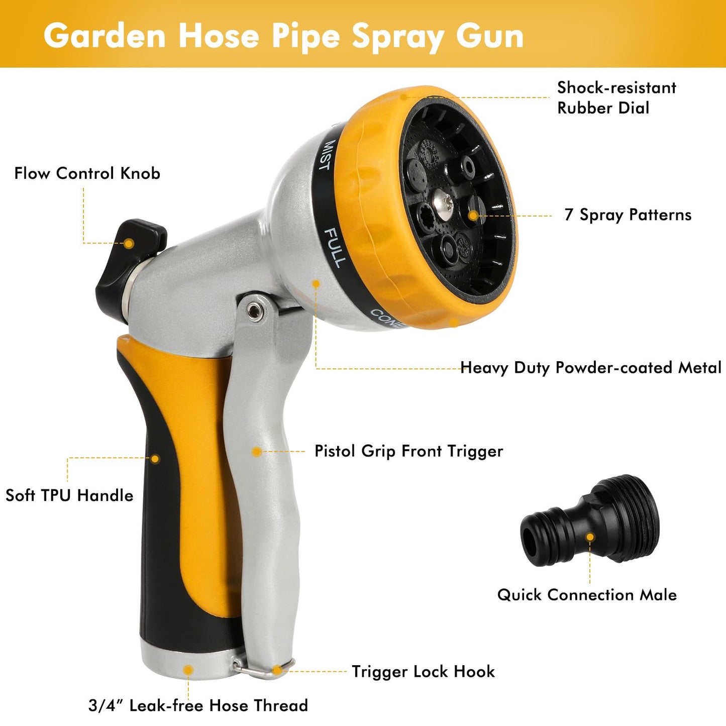 RESTMO Hose Pipe Spray Gun, Heavy Duty Garden Hose Spray Gun, High Pressure Hose Nozzle, Metal Hand Sprayer with 7 Patterns and Water Flow Control, Ideal to Water Plant & Lawn, Wash Car & Pet, Yellow