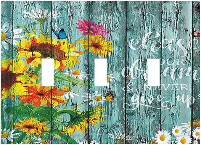Turquoise Rustic Vintage Wood Planks Sunflower Butterfly 3 Gang Wall Plates Decorative Triple Toggle Light Switch Cover Electrical Switchplate Unused Decorate Faceplate for Bathroom Home