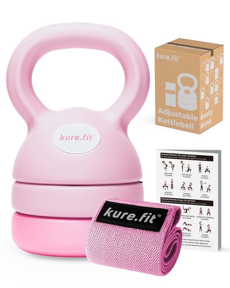 kure.fit Adjustable Kettlebell | 5 lb - 12 lb | Kettlebell Weights Set for Home Gym | Full-Body Workouts, Strength Training, Weight Loss | Fabric Booty Band | Beginners & Women | Pink