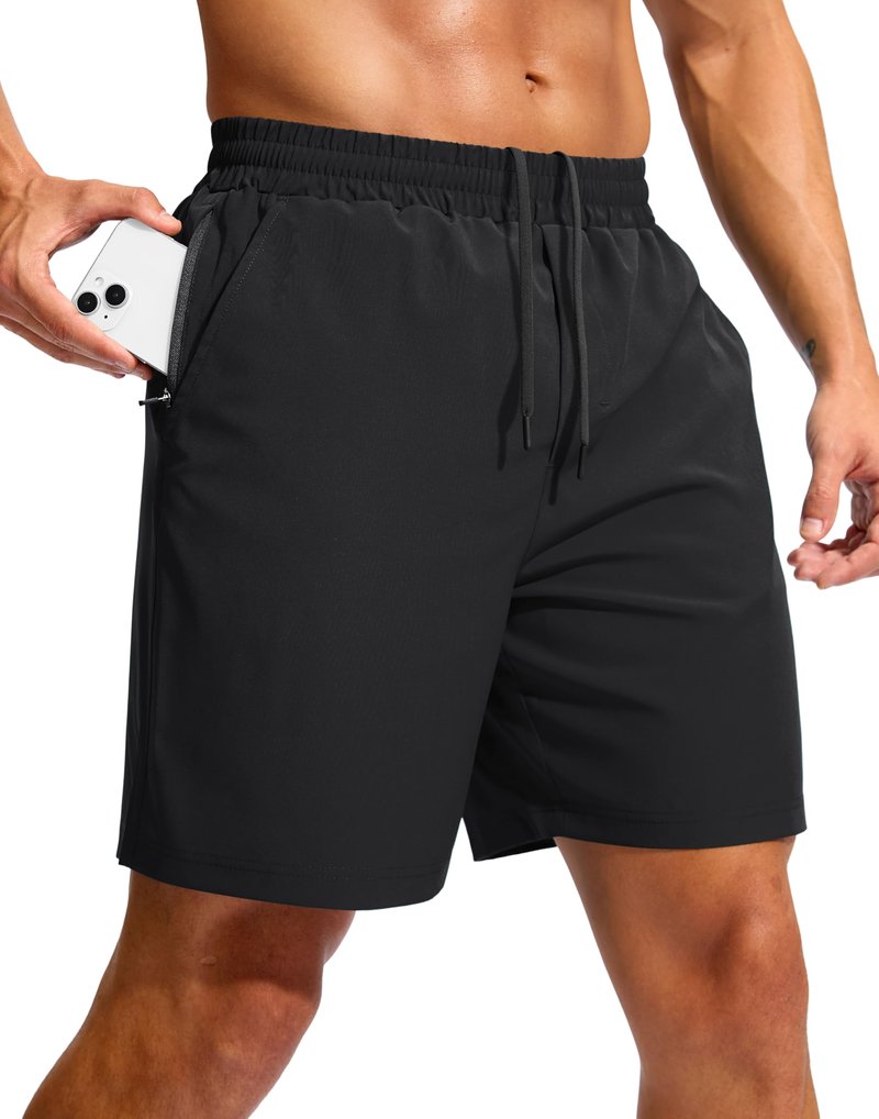 Soothfeel Men's Athletic Workout Shorts with Zipper Pocket 5"/7" Running Gym Shorts for Men Lightweight Quick Dry Tennis (Black, 7, L)