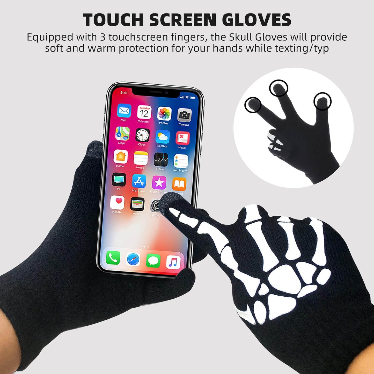 OTPEH Women Men 2 Pairs Skeleton Gloves Skull Bone Gloves Glow In The Dark Halloween Accessories