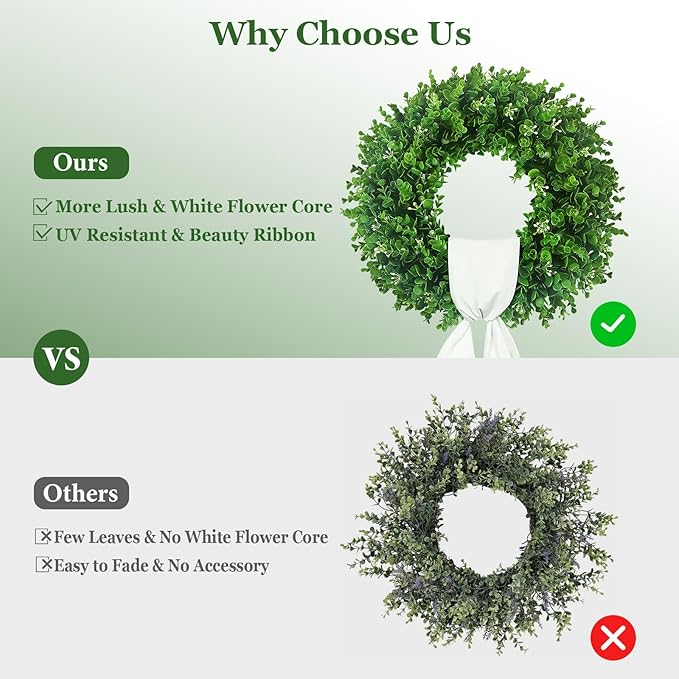 Boxwood Wreaths Front Door 22-24'', Artificial UV Resistant Boxwood Leaves with Flower Core, Greenery Wreath with a Sash for Farmhouse Home Outdoor Indoor Year Round Hanging Decor (Foldable)