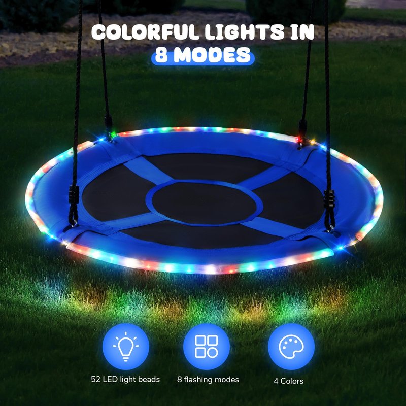 Trekassy 700lbs 40” Saucer Tree Swing with LED Lights for Kids Adults Outdoor 2 Tree Hanging Straps-Blue