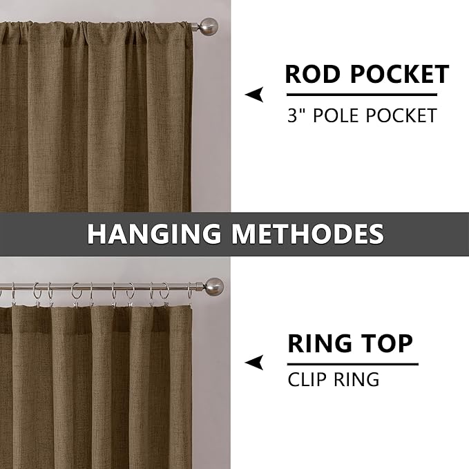 Tollpiz Linen Curtain Bedroom Rod Pocket Semi Sheer Curtains Burlap Light Filtering Thick Linen Drape for Living Room, 54 x 63 inches Long, Brown, Set of 2 Panels