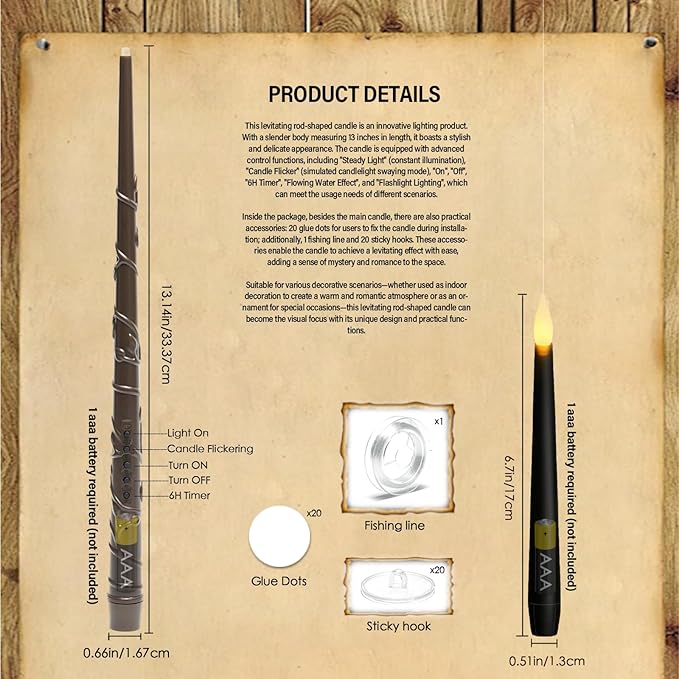 Flameless Floating Candles with Wand，20 Pcs Magic LED Hanging Taper Candles，Flickering Battery Operated Taper Candle with Wand Remote for Halloween Decorations Best Gift(Black)