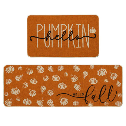 Artoid Mode Orange Hello Pumpkin Fall Kitchen Mats Set of 2, Autumn Home Decor Low-Profile Kitchen Rugs for Floor - 17x29 and 17x47 Inch