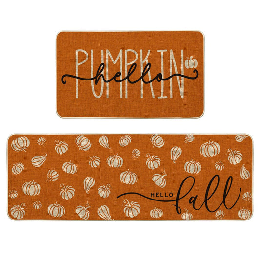Artoid Mode Orange Hello Pumpkin Fall Kitchen Mats Set of 2, Autumn Home Decor Low-Profile Kitchen Rugs for Floor - 17x29 and 17x47 Inch