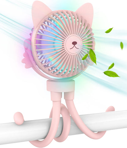 FANimal Portable Stroller Fan for Baby – Rechargeable Handheld & Clip-On USB Fan, Stroller Accessories with Night Light (Pink)