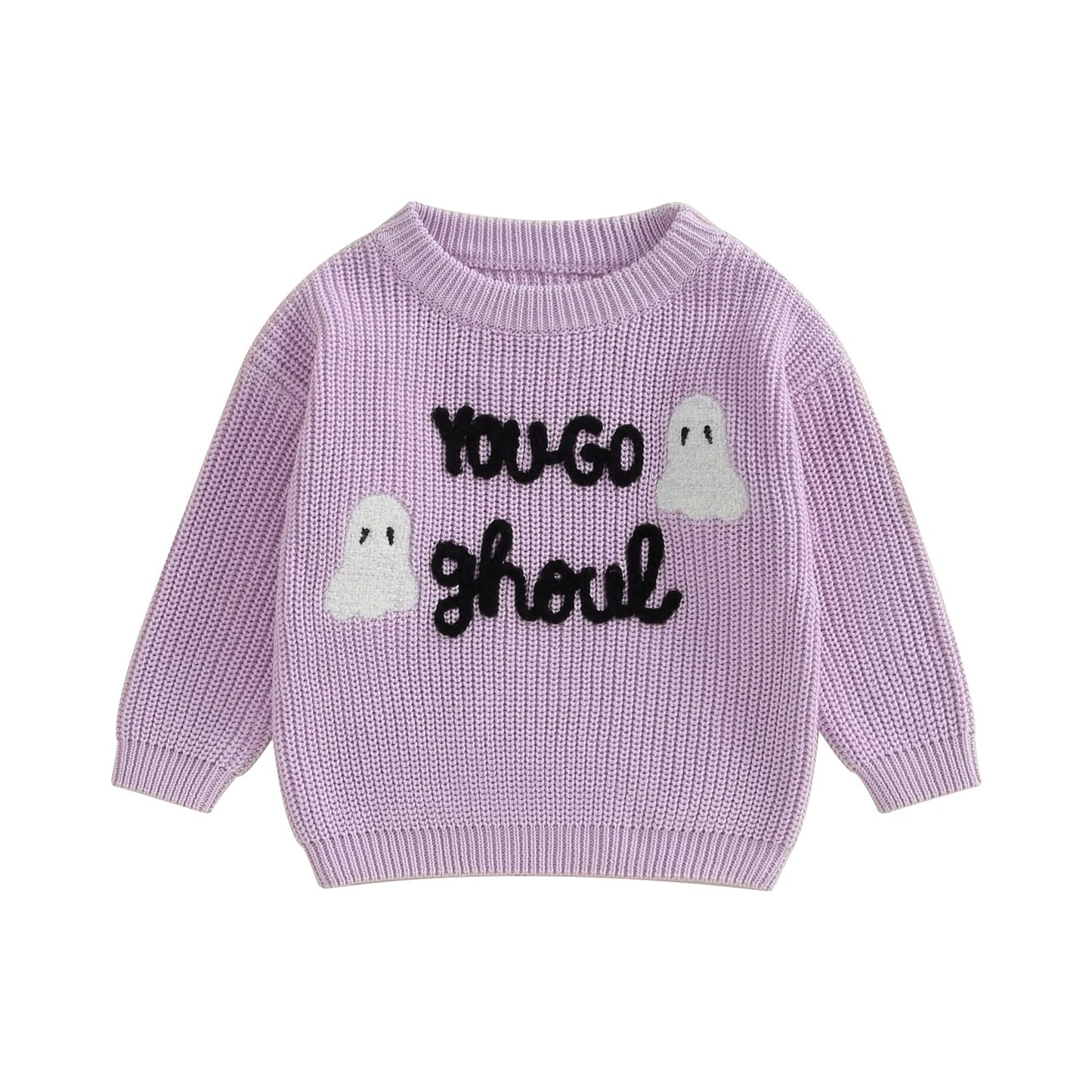 Baby Halloween Sweater Boy Girl Pumpkin Long Sleeve Crewneck Embroidery Knit Sweatshirt Toddler Pullover Tops (Ghoul Purple, 4-5 Years)