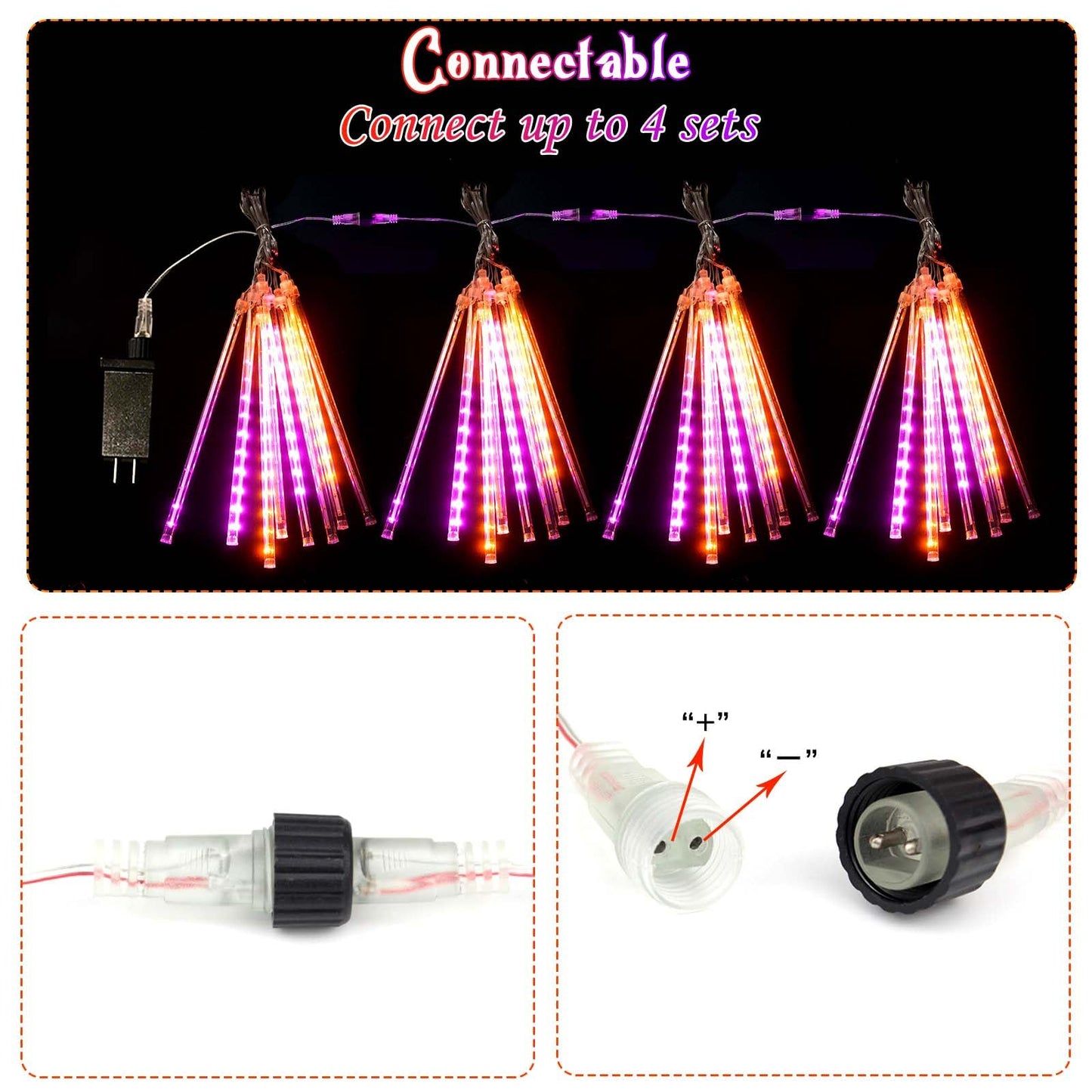 Halloween Lights Outdoor, 2 Pack Extendable Meteor Shower Lights Outdoor Waterproof with Timer, Total 384 LED 30cm 16 Tubes Cascading String Light Plug in for Halloween Yard Party (Orange and Purple)
